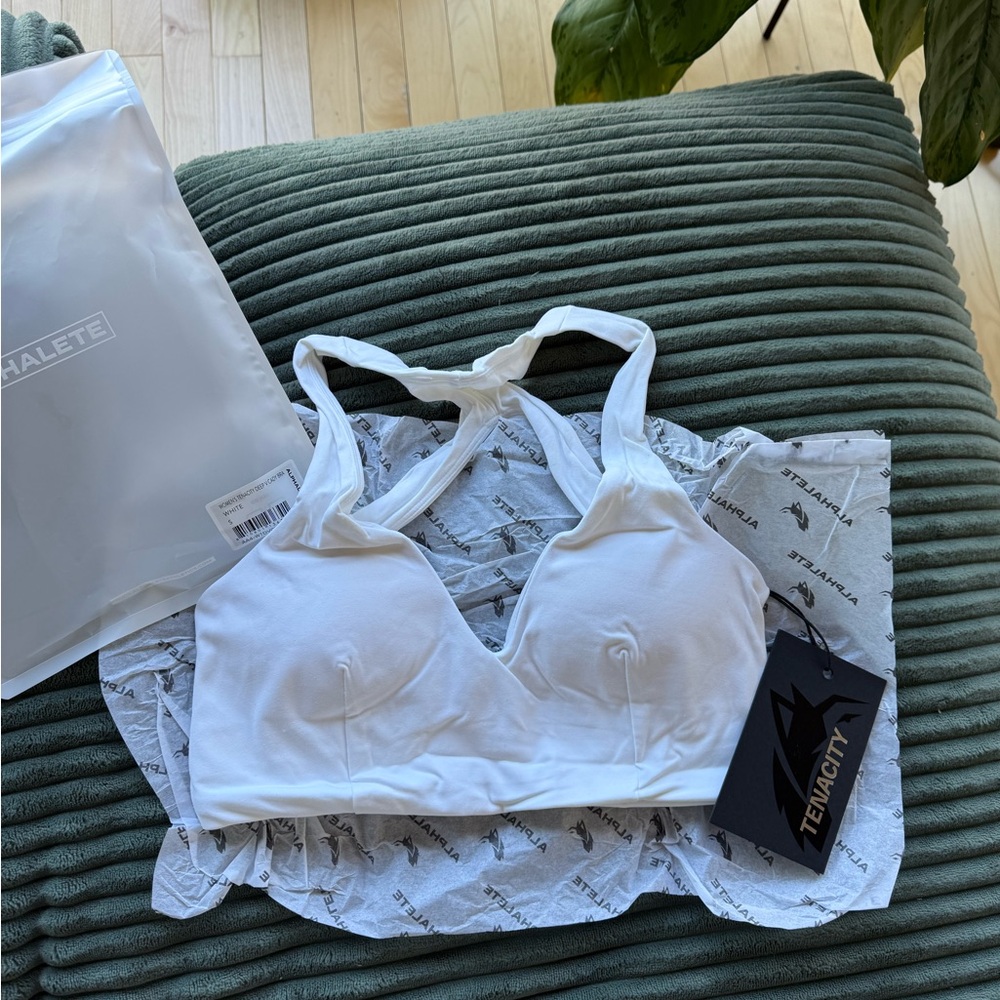 White Alphalete Deep V Sports Bra